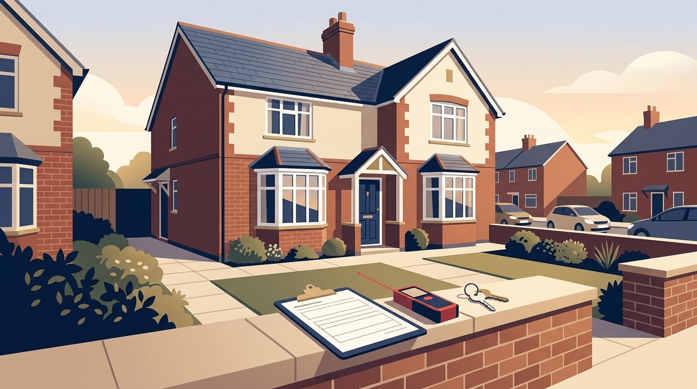Illustration of a house with a valuer's clipboard and keys