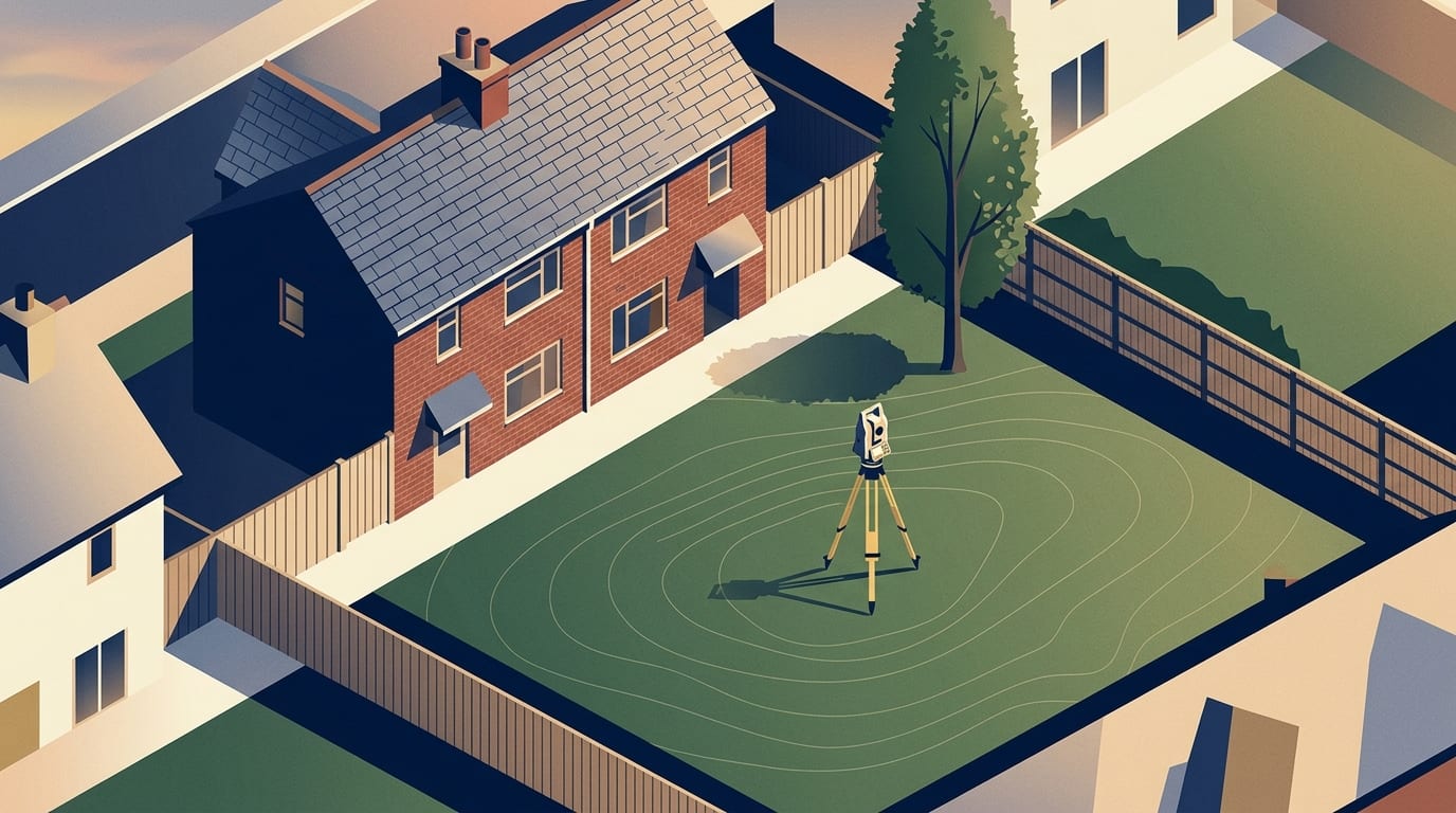 Illustration of a surveying instrument on a tripod in a garden plot